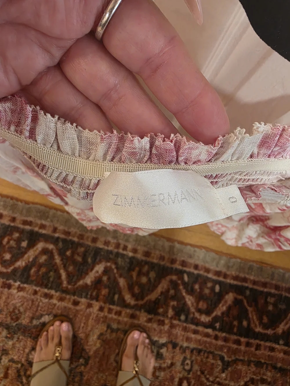Zimmermann Pink and White Off-Shoulder Floral Smocked Top